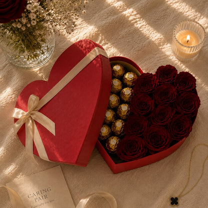 A heart-shaped red gift box opened to reveal deep red roses and Ferrero Rocher chocolates, styled on a beige fabric surface with a cream ribbon, a small card reading 'Caring Pair', a candle, and flowers in the background.