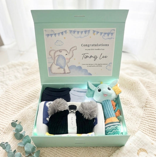 Baby boy newborn gift hamper Singapore with blue essentials and baby care items