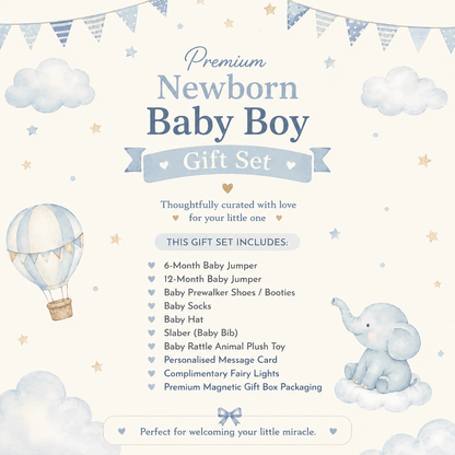 A promotional graphic for a 'Premium Newborn Baby Boy Gift Set' on a cream-colored background decorated with watercolor clouds, a hot air balloon, and a small blue elephant. The text lists various baby items included in the set, such as a baby jumper, booties, socks, hat, and plush toys.