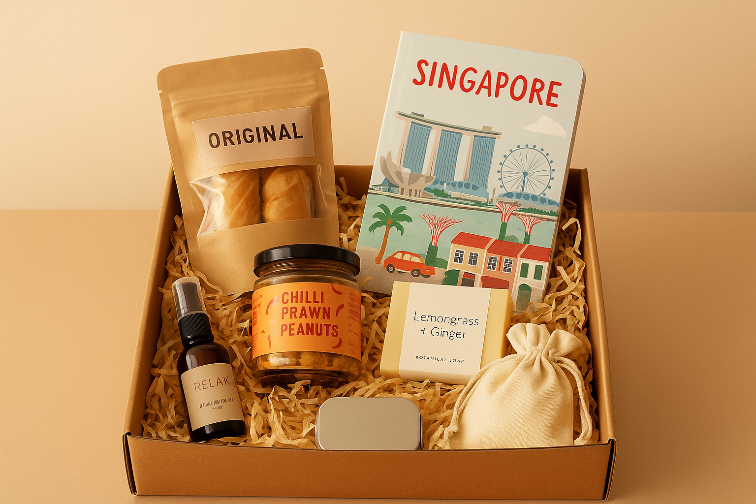 A beautifully arranged care package with Singapore-themed items, treats, wellness products, and gifts with warm lighting and a clean background