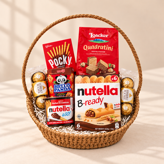 A Little Happiness chocolate and snack gift basket in Singapore with Nutella, Loacker, Pocky, Hello Panda and Ferrero Rocher