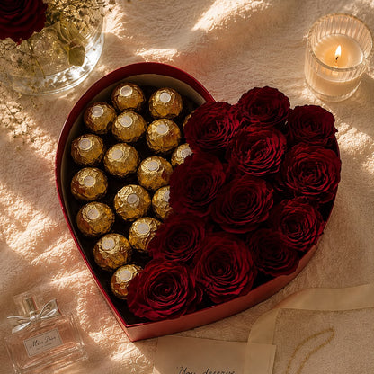A heart-shaped gift box filled with red roses and Ferrero Rocher chocolates, styled on a textured cream fabric with a lit candle, a small perfume bottle, a card, and a necklace nearby.