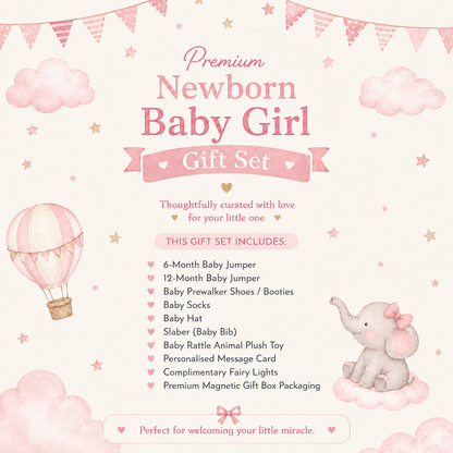 A pink and cream baby girl gift set promotional graphic with watercolor-style clouds, stars, bunting, a hot air balloon, and a small elephant illustration. The text reads 'Premium Newborn Baby Girl Gift Set' and lists included items such as a baby jumper, booties, socks, hat, slider, plush toy, message card, fairy lights, and a magnetic gift box.