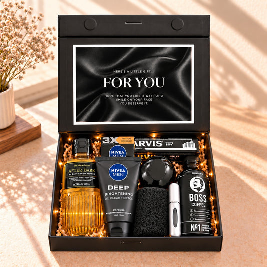 Men's Self-Care Package black gift box with black satin message card and white lettering