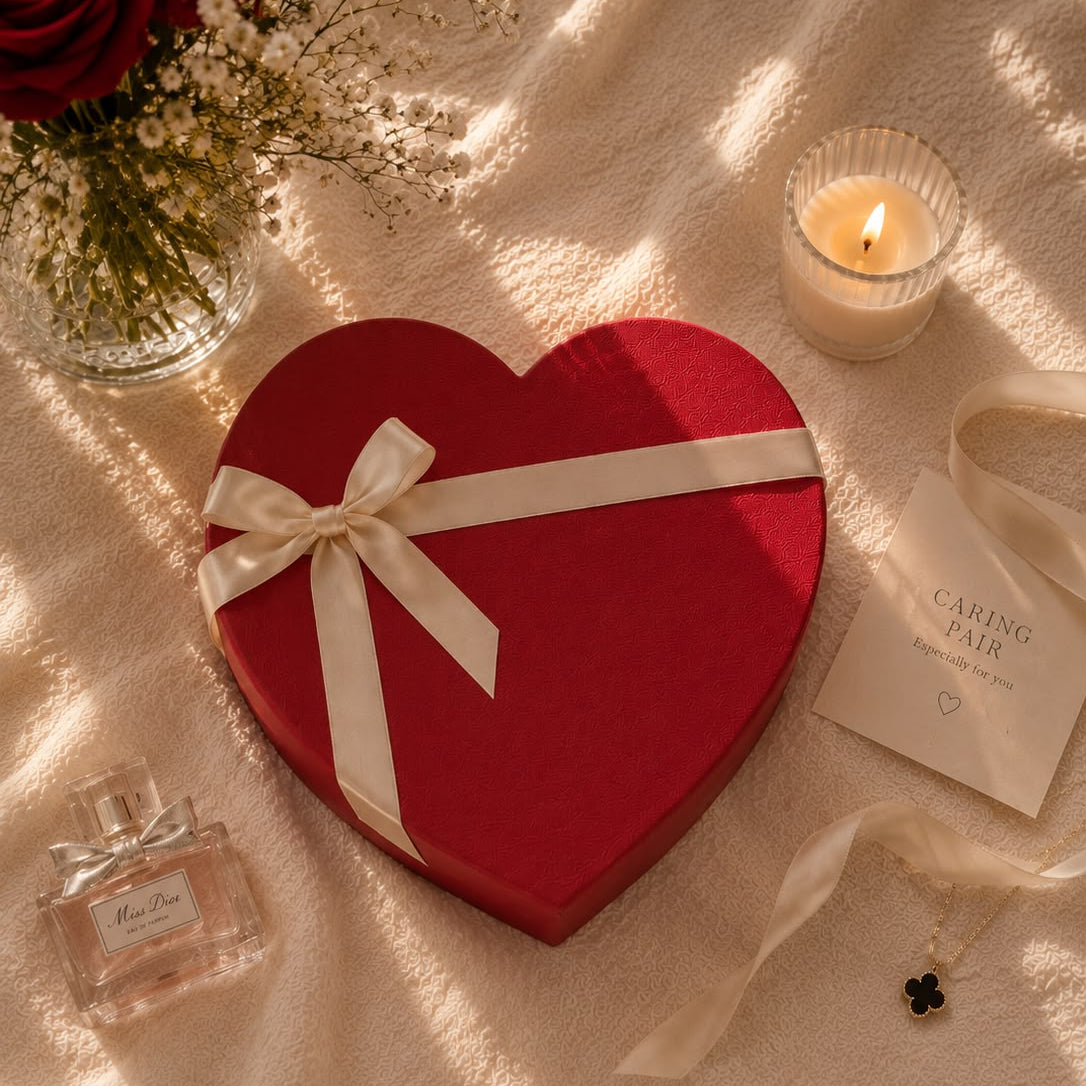 A heart-shaped red gift box tied with a white ribbon sits on a soft beige fabric surface with warm sunlight and shadows. Surrounding it are red roses in a glass vase, a lit candle, a perfume bottle, a small card, and a ribbon with a flower charm.